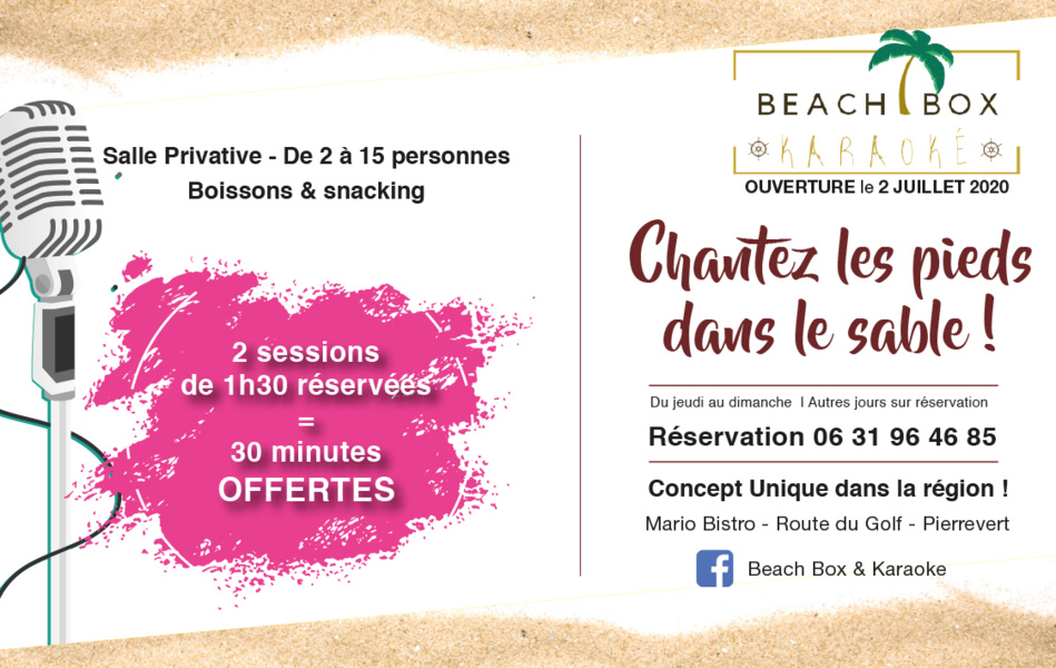 CONCEPT UNIQUE DANS LE DEPARTEMENT : BEACH BOX KARAOKe chantez les pieds dans le sable ! CONCEPT UNIQUE DANS LE DEPARTEMENT : BEACH BOX KARAOKe chantez les pieds dans le sable !