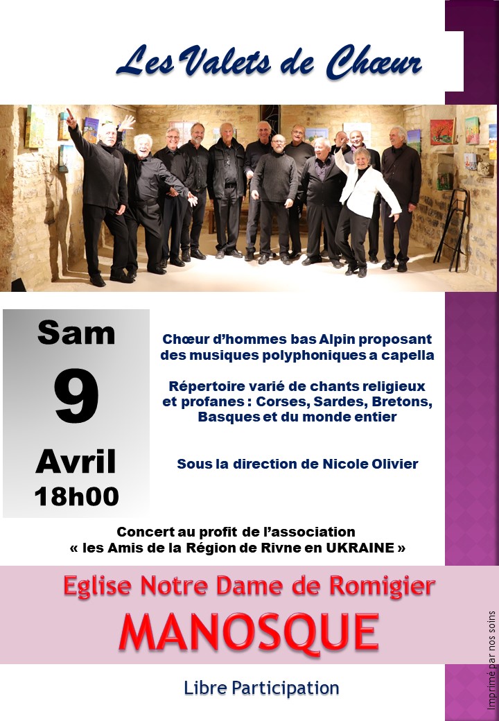 LES VALETS DE CHOEUR CHANTENT POUR L’UKRAINE LE 9 AVRIL à 18H  A NOTRE DAME DE ROMIGIER