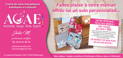 CENTRE DE SOINS ACAE JULIE M. BIEN-ETRE ET BONS CADEAUX POUR LA FETE DES MERES ! CENTRE DE SOINS ACAE JULIE M. BIEN-ETRE ET BONS CADEAUX POUR LA FETE DES MERES !
