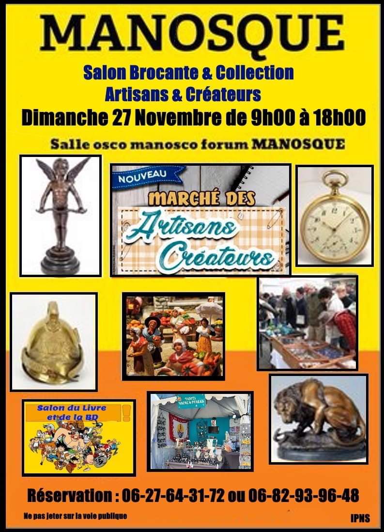 1ER SALON DE NOËL : ARTISANS, CRÉATEURS, BROCANTE, COLLECTIONNEURS LE 27 NOVEMBRE À MANOSQUE 1ER SALON DE NOËL : ARTISANS, CRÉATEURS, BROCANTE, COLLECTIONNEURS LE 27 NOVEMBRE À MANOSQUE