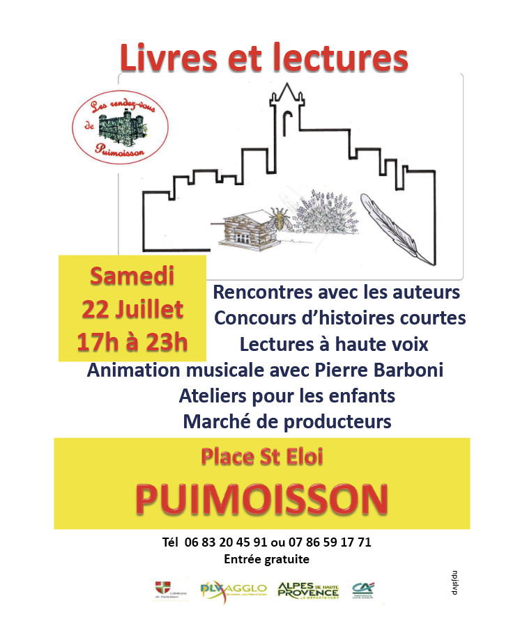Journée du livre, 5è édition  le 22 juillet sur la place  st Éloi à Puimoisson Journée du livre, 5è édition  le 22 juillet sur la place  st Éloi à Puimoisson
