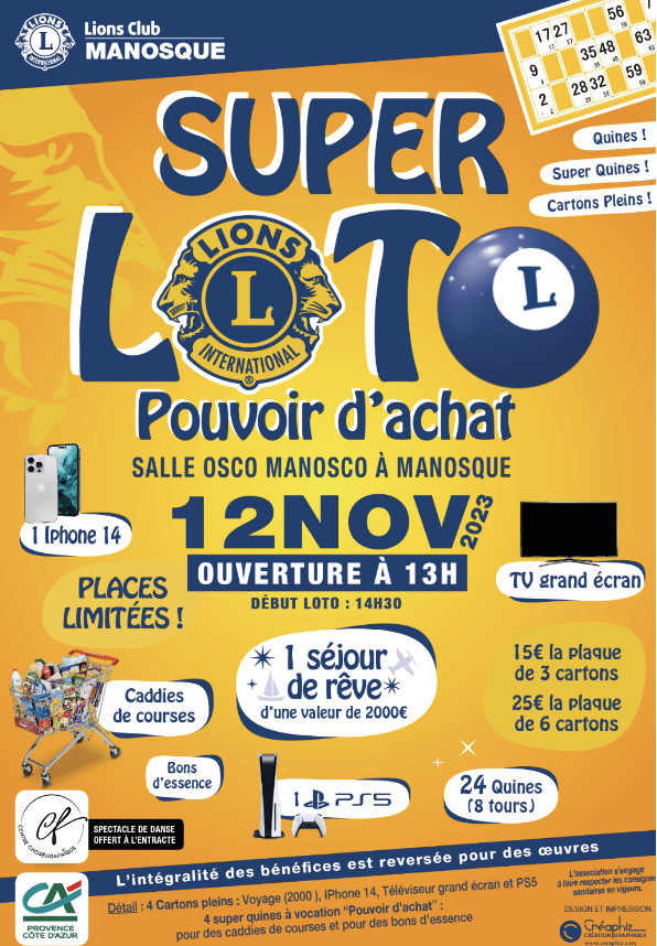 LOTO DU LIONS CLUB  LE DIMANCHE 12 NOVEMBRE DANS LA SALLE OSCO MANOSCO