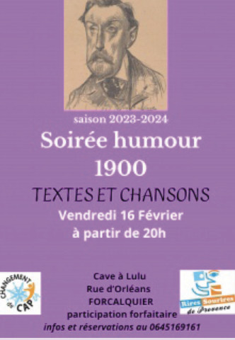 Soirée humour 1900 textes et chansons le 16 février à la Cave a Lulu a Forcalquier Soirée humour 1900 textes et chansons le 16 février à la Cave a Lulu a Forcalquier