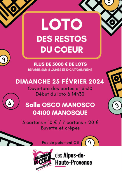 Loto des restos du coeur dimanche 25 février 2024 dans la salle Osco Manosco