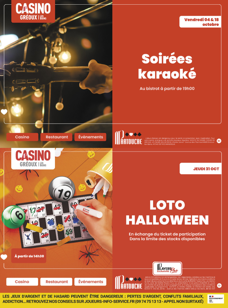 Soirées karaoké, et loto d’Halloween octobre au Casino Partouche ! Soirées karaoké, et loto d’Halloween octobre au Casino Partouche !