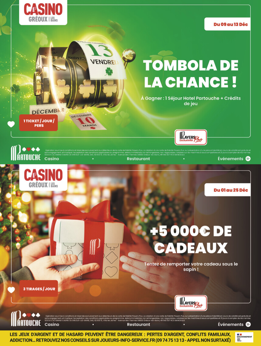Festivités et Cadeaux à Gagner au casino partouche de Gréoux-les-Bains Festivités et Cadeaux à Gagner au casino partouche de Gréoux-les-Bains