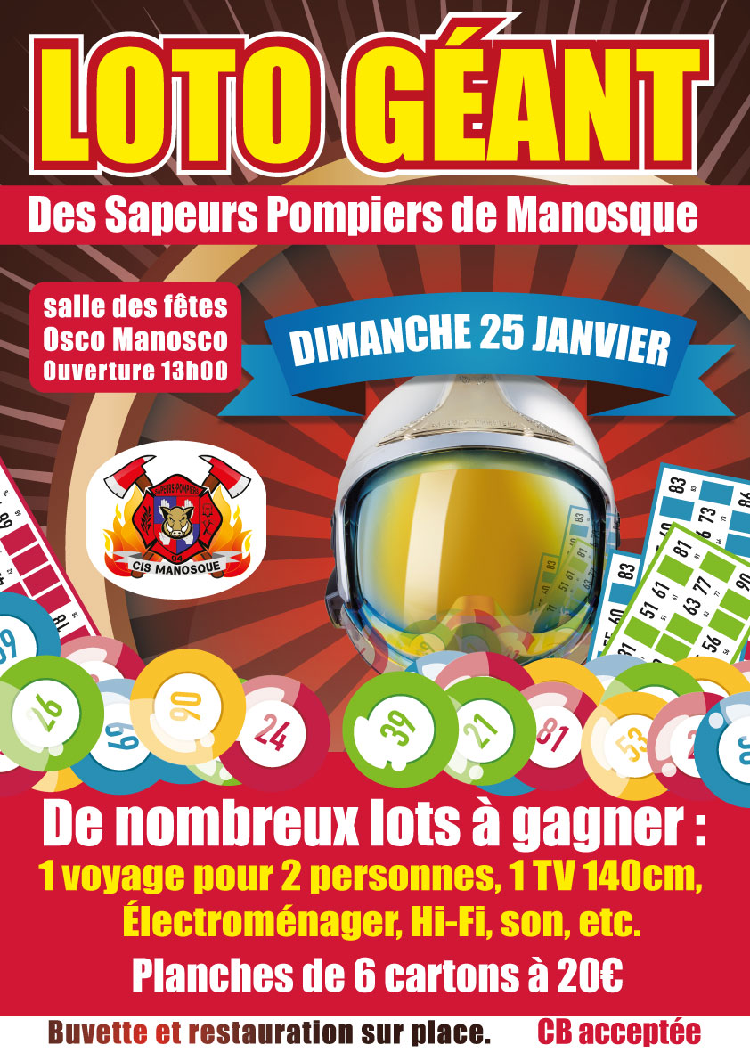 Grand loto des sapeurs pompiers de Manosque le 25 janvier 2026 !