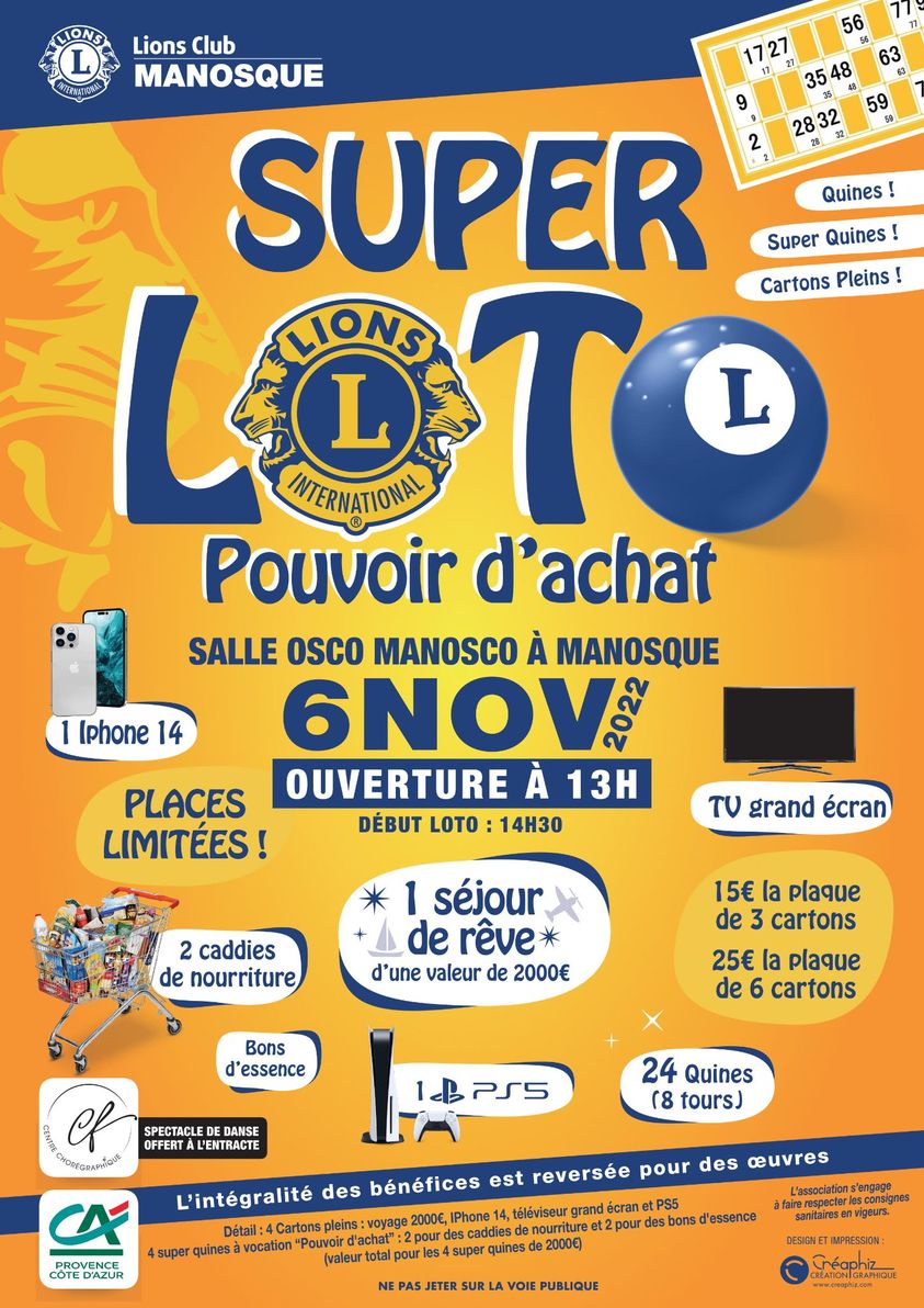 TRADITIONNEL LOTO DU LIONS CLUB DE MANOSQUE LE 6 NOVEMBRE 2022