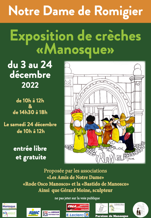 " MANOSQUE " L'EXPOSITION DE CRÈCHES DU 3 AU 24 DÉCEMBRE EN L' ÉGLISE NOTRE DAME DE ROMIGIER