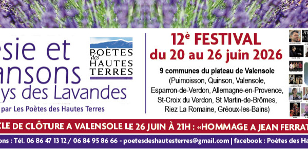 FESTIVAL POESIE ET CHANSONS  AU PAYS DES LAVANDES,  12è EDITION, du 20 au 26 juin 2026